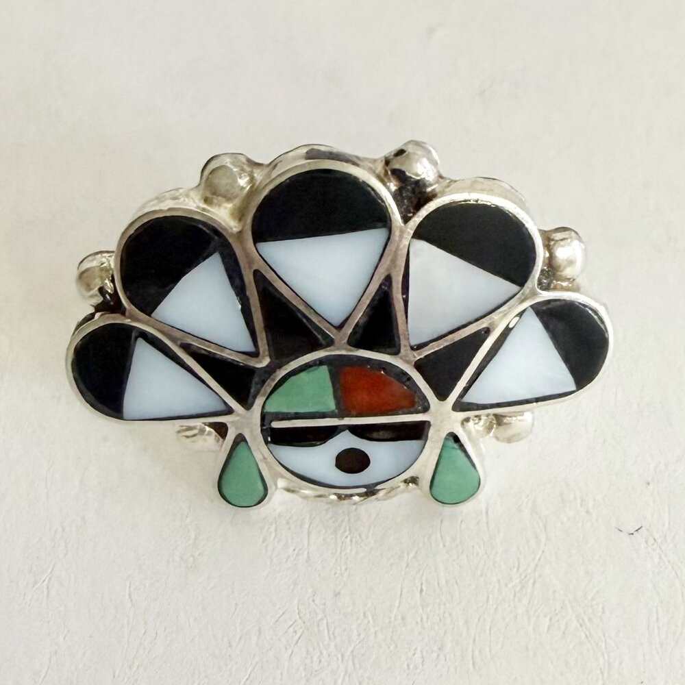 Sterling Silver Multicolor Inlay Zuni Sunface Style Ring Size 6 - Picture 2 of 7